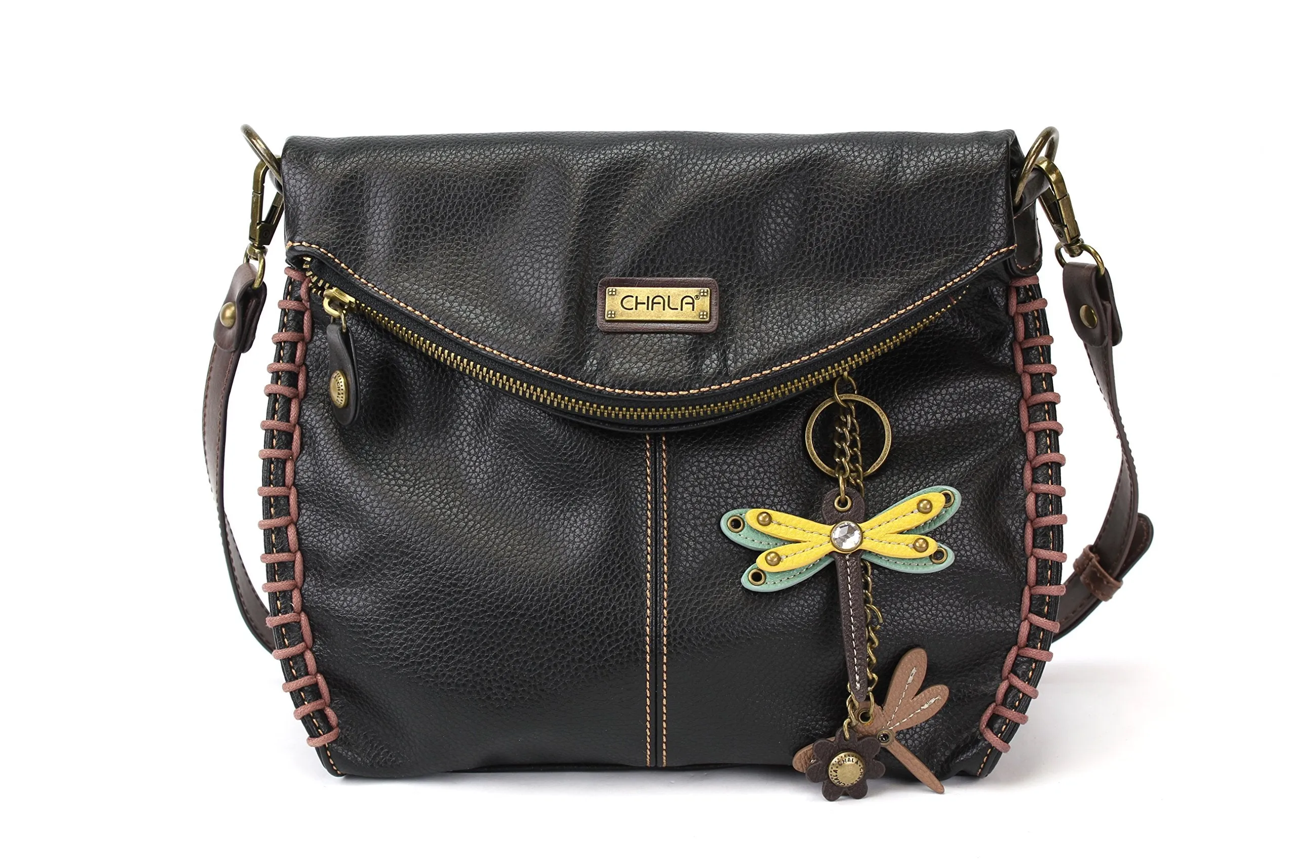 Chala Charming Black Crossbody Bag With Flap Top and Zipper or Shoulder Handbag
