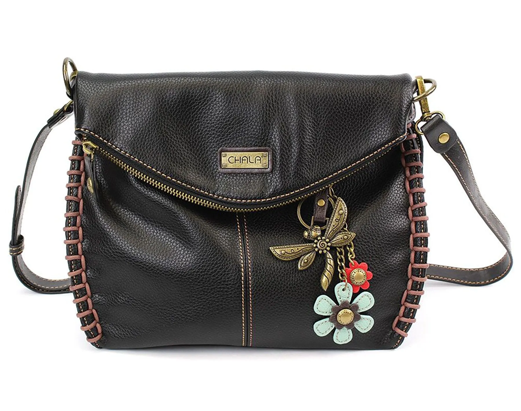 Chala Charming Black Crossbody Bag With Flap Top and Zipper or Shoulder Handbag