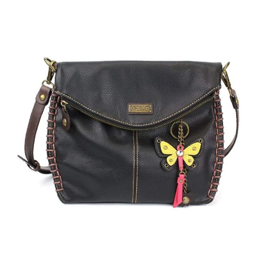 Chala Charming Black Crossbody Bag With Flap Top and Zipper or Shoulder Handbag