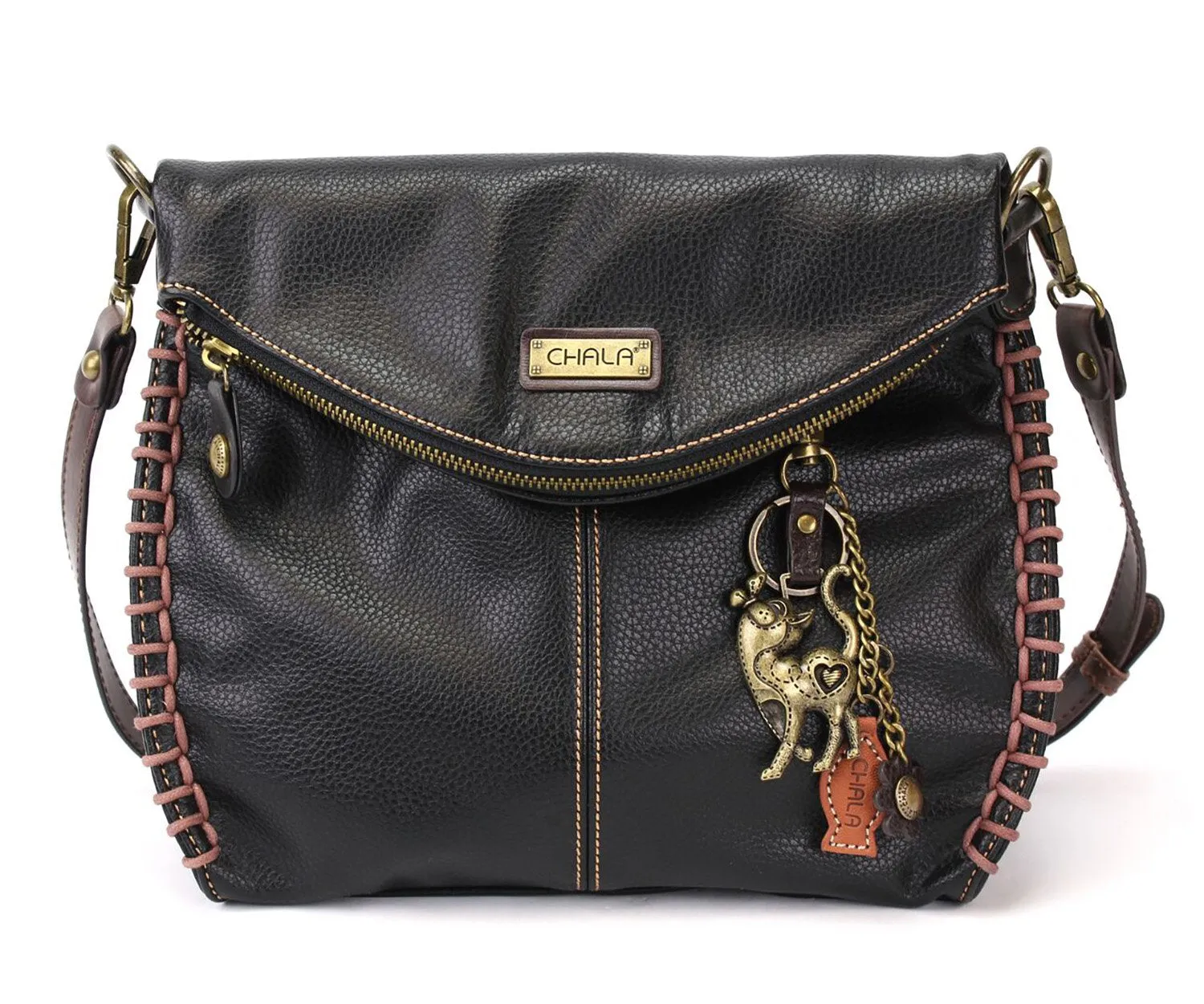 Chala Charming Black Crossbody Bag With Flap Top and Zipper or Shoulder Handbag