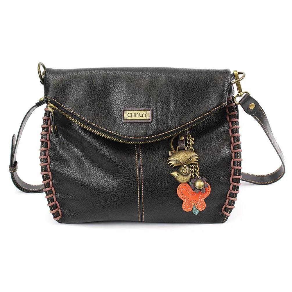 Chala Charming Black Crossbody Bag With Flap Top and Zipper or Shoulder Handbag