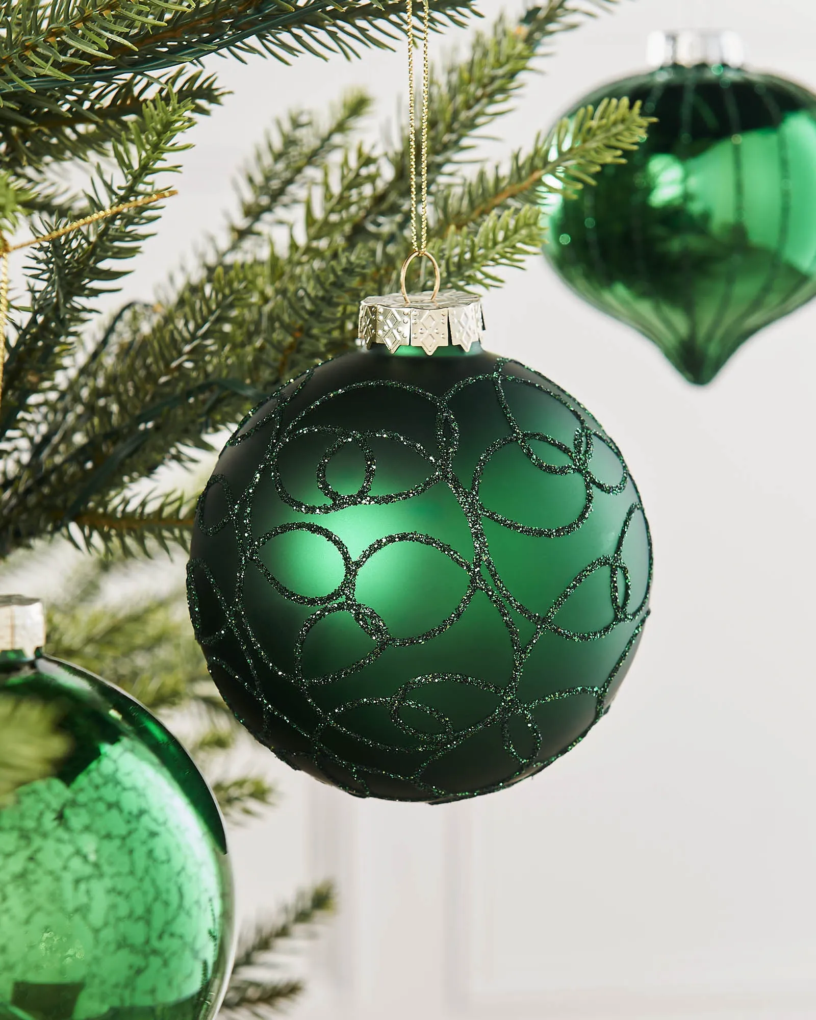 Christmas Green Glass Baubles, 6 Pack, 10 cm