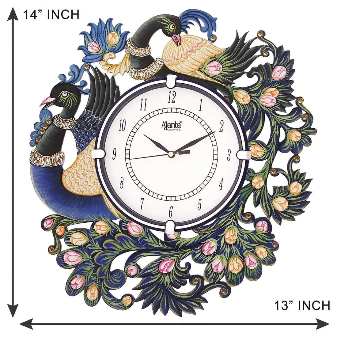 Circadian Ajanta Wooden Analog Wall Clock Design for Home Hall Living Room Decor Office Kids Bedroom Stylish Ethnic Antique Decorative Blue Colour Peacock 36 * 36 cm (Pack of 1)