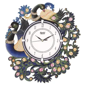 Circadian Ajanta Wooden Analog Wall Clock Design for Home Hall Living Room Decor Office Kids Bedroom Stylish Ethnic Antique Decorative Blue Colour Peacock 36 * 36 cm (Pack of 1)