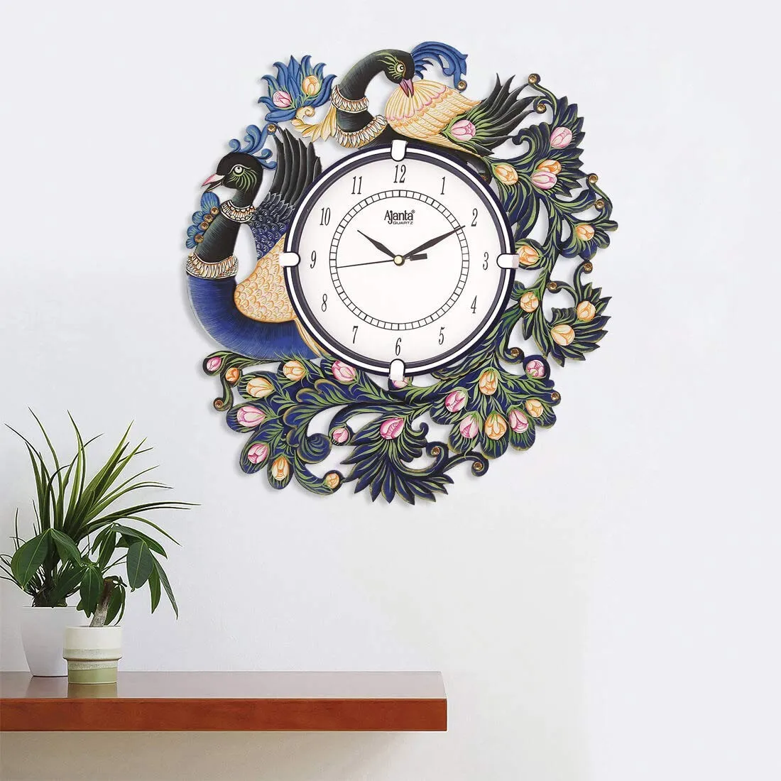 Circadian Ajanta Wooden Analog Wall Clock Design for Home Hall Living Room Decor Office Kids Bedroom Stylish Ethnic Antique Decorative Blue Colour Peacock 36 * 36 cm (Pack of 1)