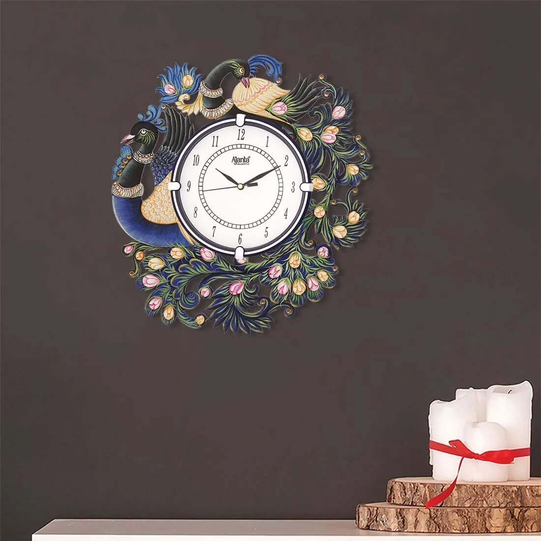 Circadian Ajanta Wooden Analog Wall Clock Design for Home Hall Living Room Decor Office Kids Bedroom Stylish Ethnic Antique Decorative Blue Colour Peacock 36 * 36 cm (Pack of 1)