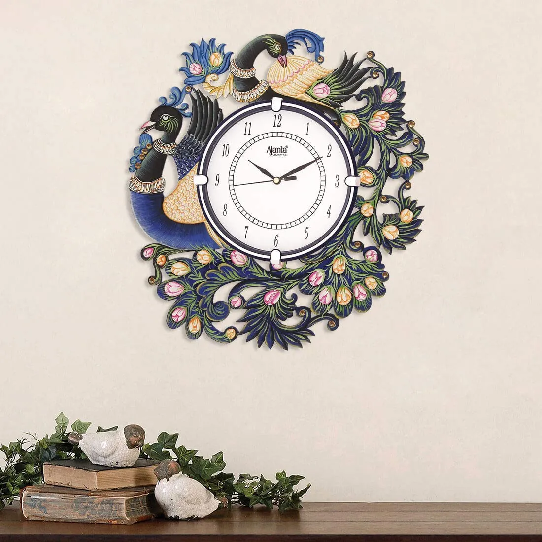 Circadian Ajanta Wooden Analog Wall Clock Design for Home Hall Living Room Decor Office Kids Bedroom Stylish Ethnic Antique Decorative Blue Colour Peacock 36 * 36 cm (Pack of 1)
