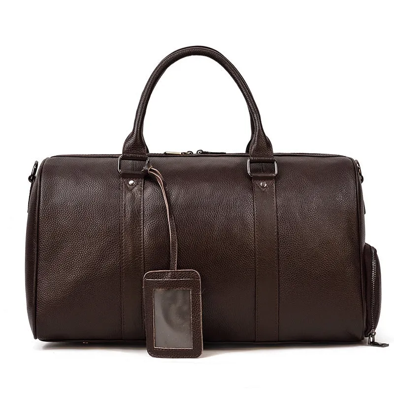 Coffee Men Leather Duffel Bag Large Crazy Horse Leather Travel Bag With Shoe Compartment