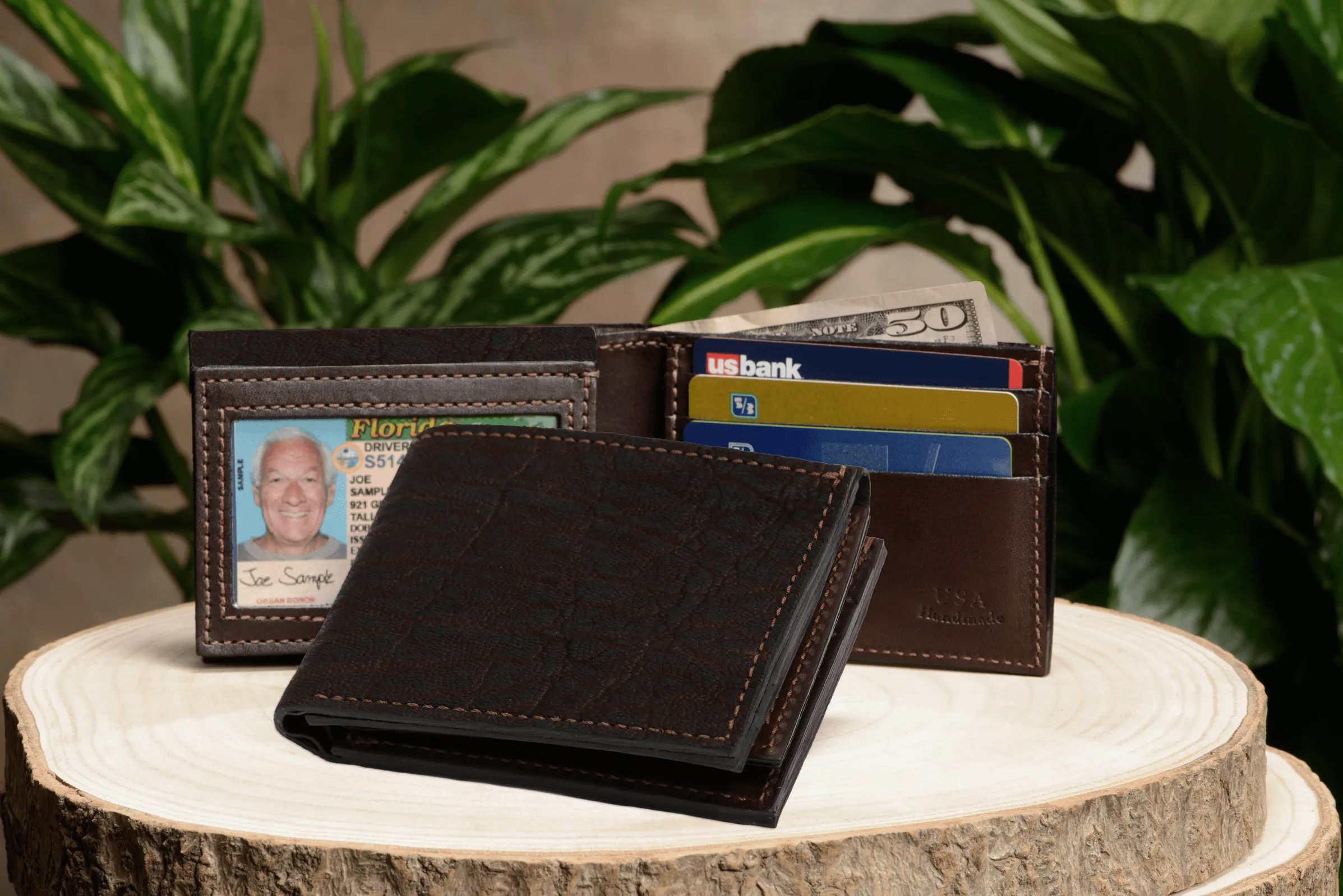 Dark Brown Elephant Luxury Designer Exotic Bifold Wallet With Flip Up ID Window
