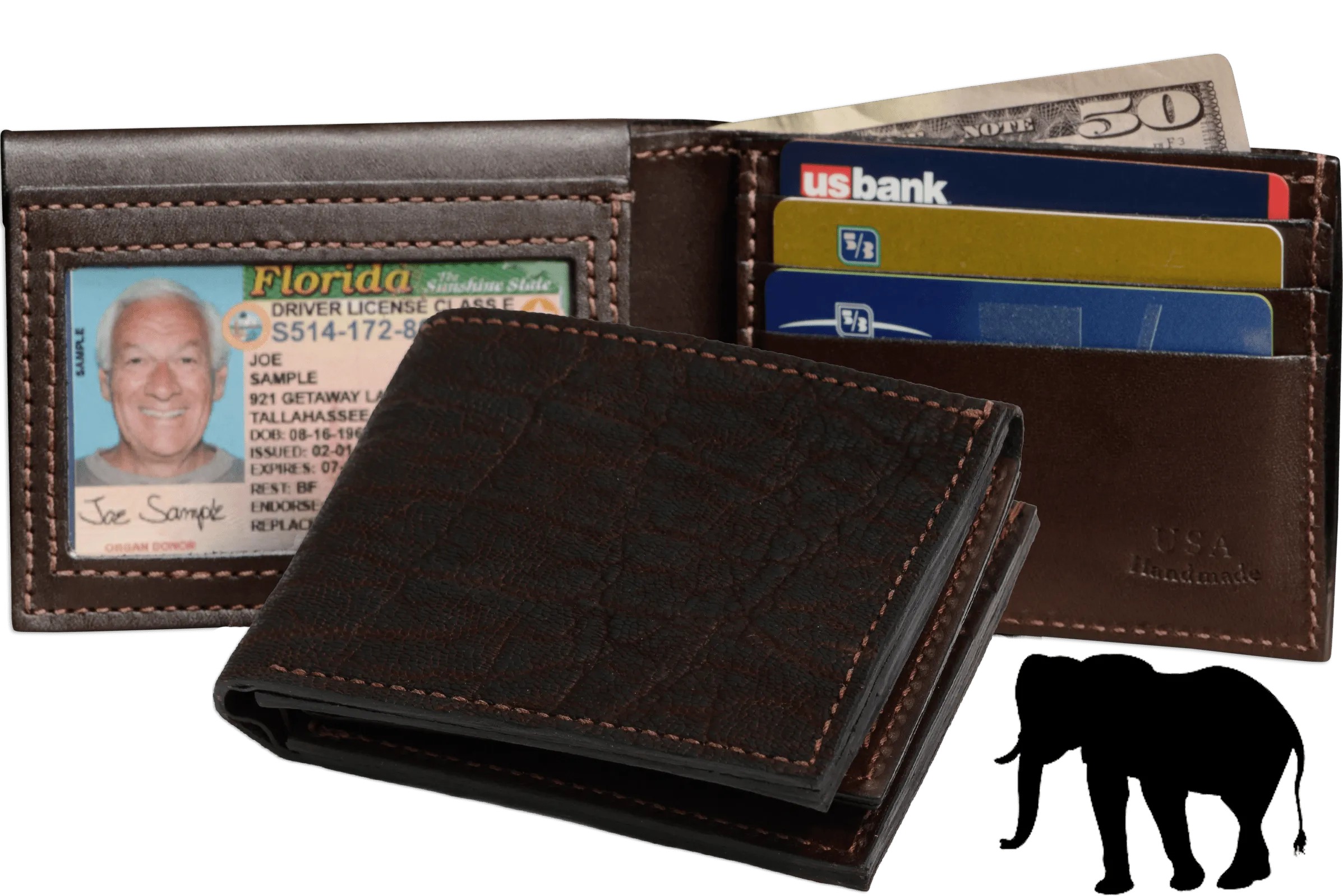 Dark Brown Elephant Luxury Designer Exotic Bifold Wallet With Flip Up ID Window