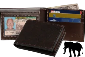 Dark Brown Elephant Luxury Designer Exotic Bifold Wallet With Flip Up ID Window