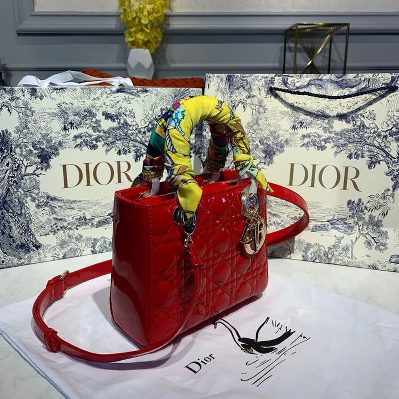 DI Small Lady Bag Gold Toned Hardware Cherry Red Patent For Women 8in/20cm CD M0531OWCB_M323