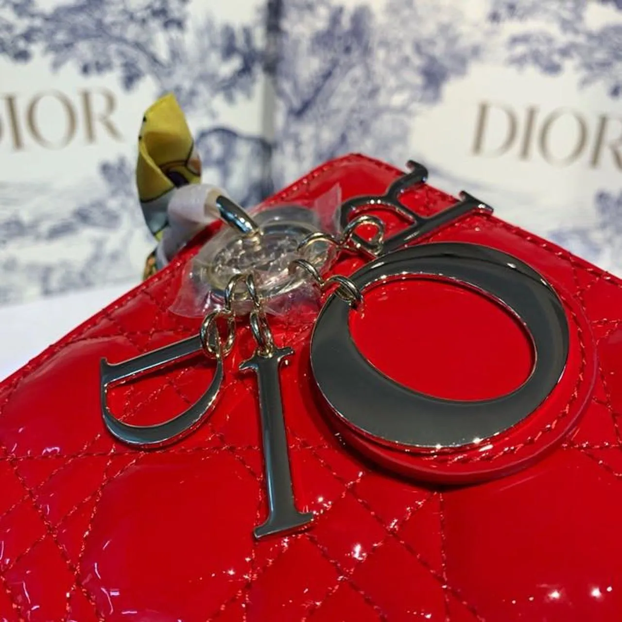 DI Small Lady Bag Gold Toned Hardware Cherry Red Patent For Women 8in/20cm CD M0531OWCB_M323