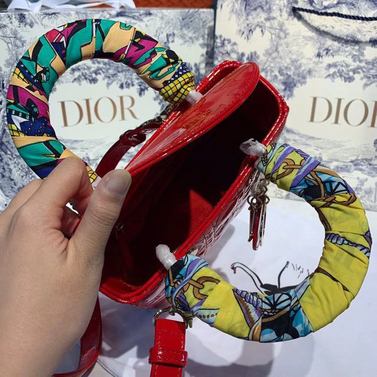DI Small Lady Bag Gold Toned Hardware Cherry Red Patent For Women 8in/20cm CD M0531OWCB_M323