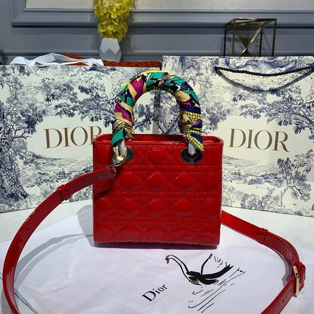 DI Small Lady Bag Gold Toned Hardware Cherry Red Patent For Women 8in/20cm CD M0531OWCB_M323
