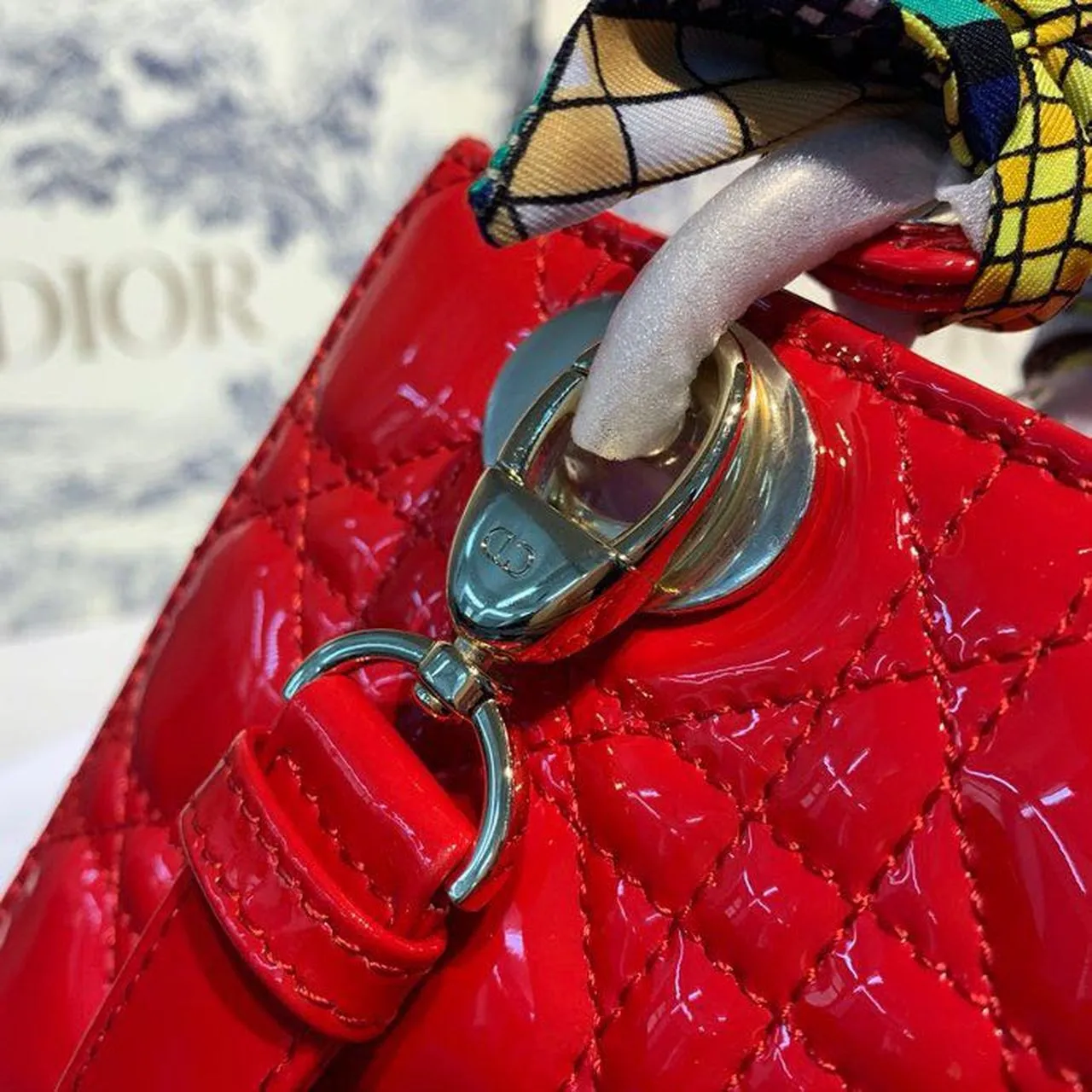 DI Small Lady Bag Gold Toned Hardware Cherry Red Patent For Women 8in/20cm CD M0531OWCB_M323