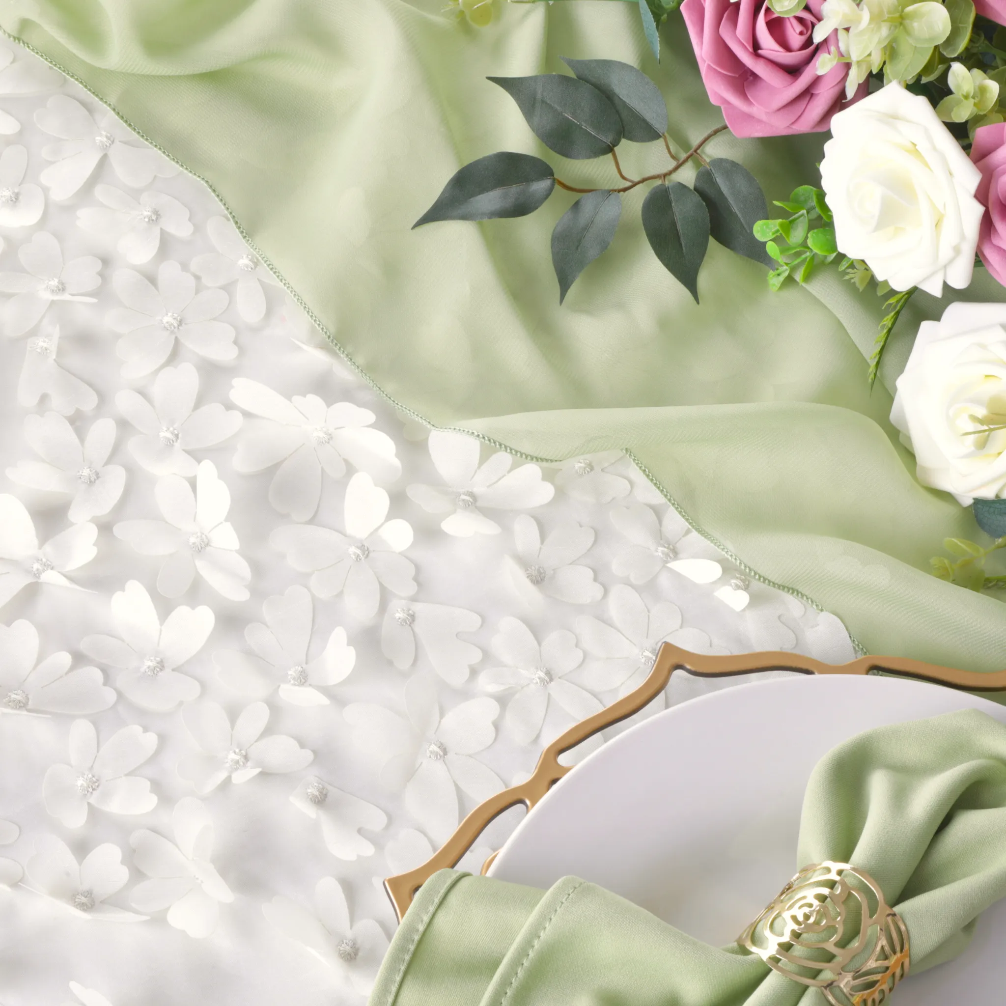 Flower Petal Taffeta Tablecloth 90"x156" Rectangular - Ivory