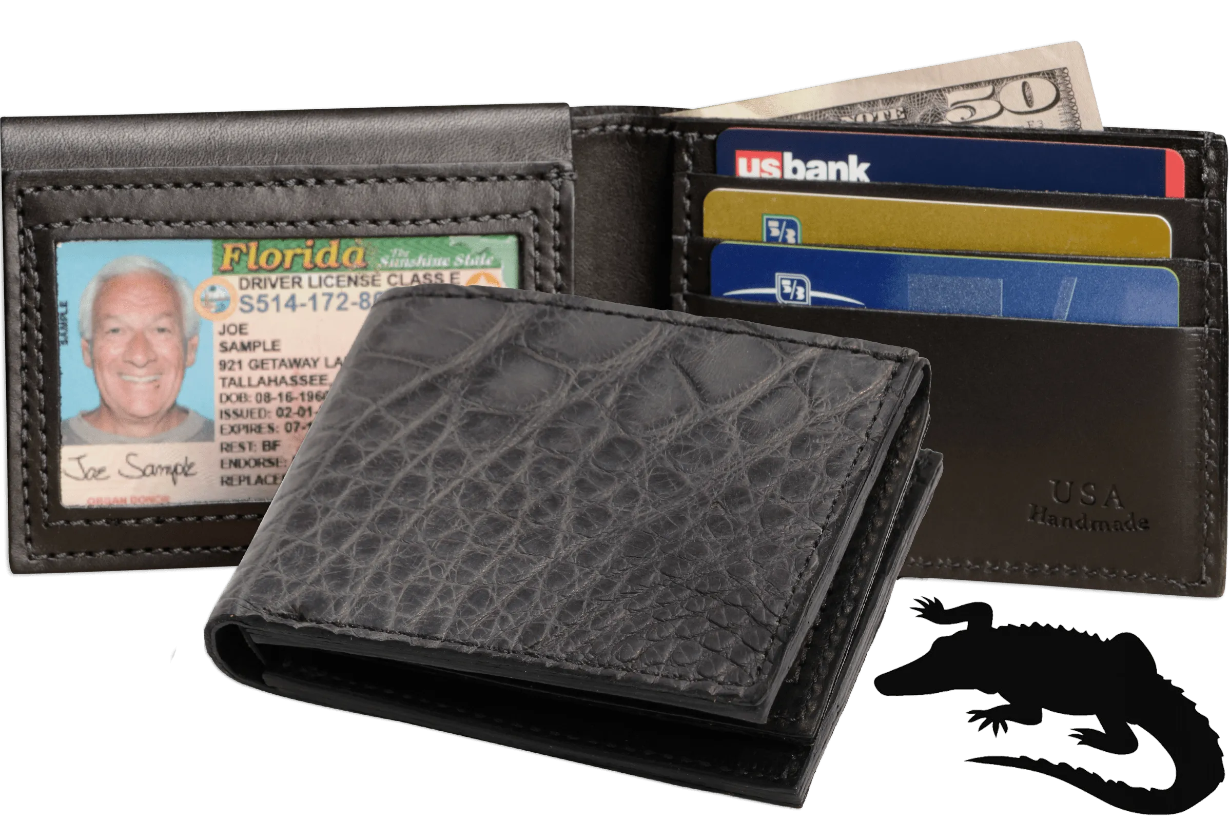 Gray Alligator Luxury Designer Exotic Bifold Wallet With Flip Up ID Window