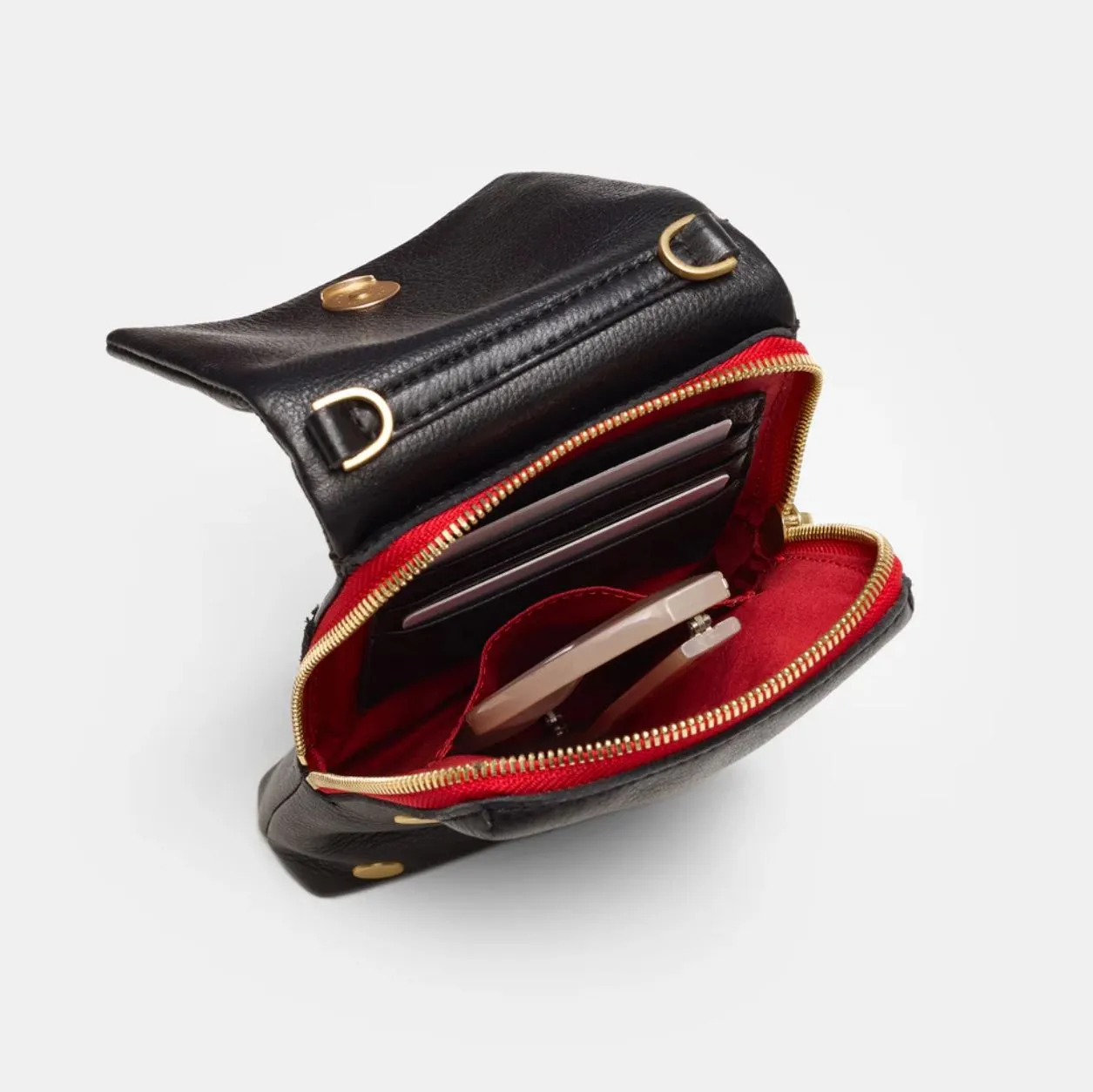 Hammitt VIP Mobile in Black/Brushed Gold/Red Zip