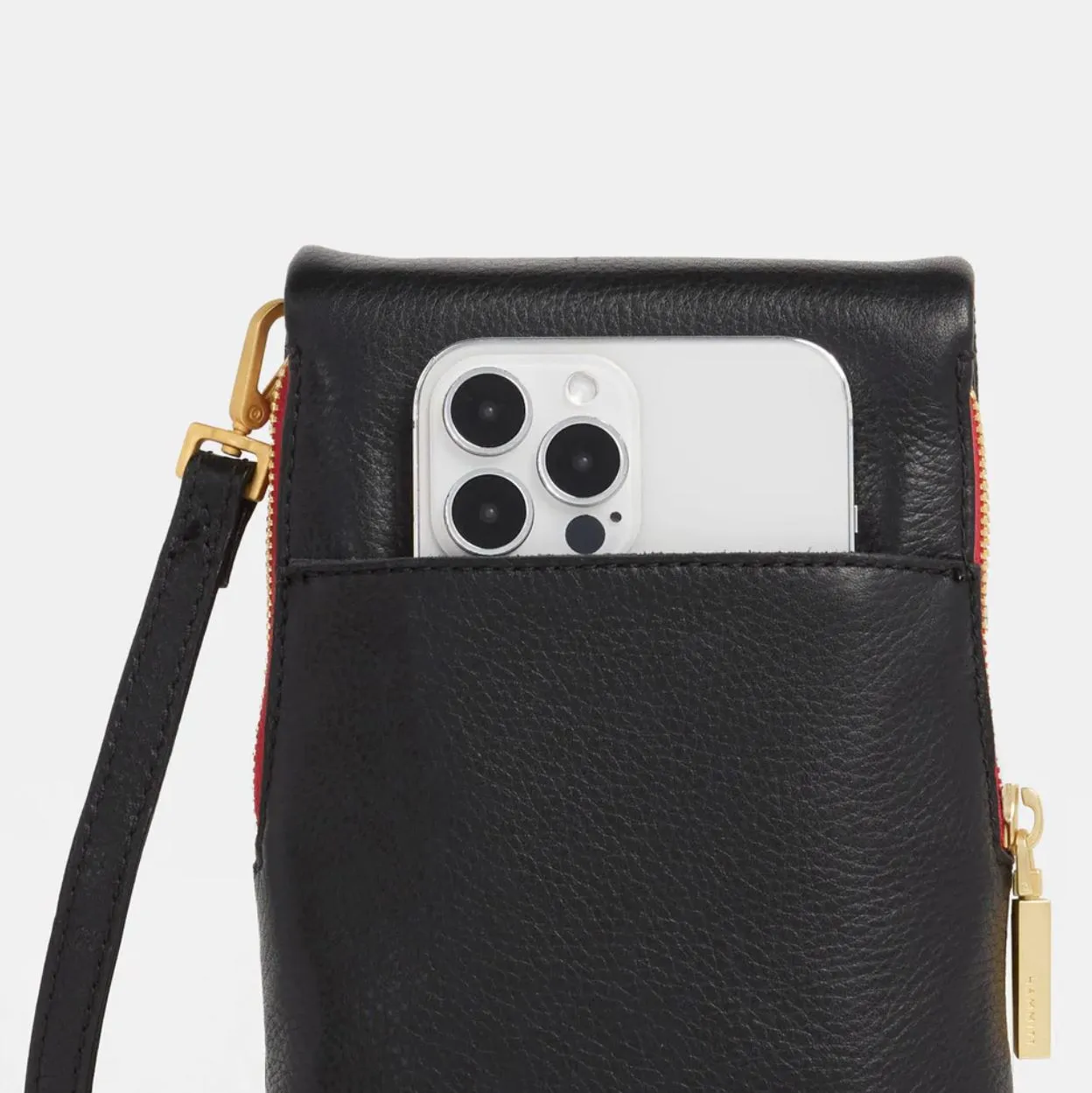 Hammitt VIP Mobile in Black/Brushed Gold/Red Zip