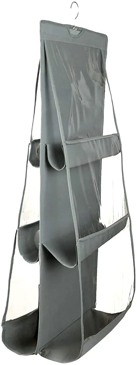 Heart Home Dust Proof Hanging Handbag Purse Clutch Organizer with 6 Large Compartments & Hanger, Pack of 2 (Grey)