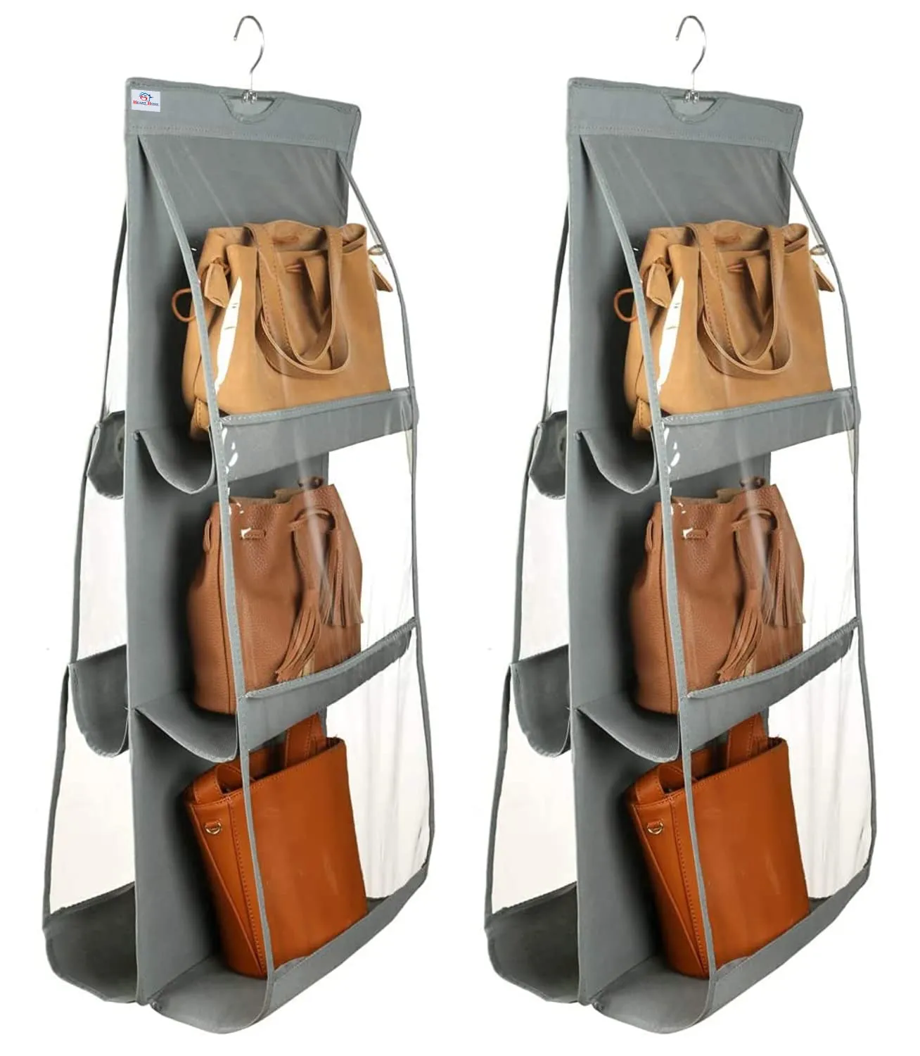 Heart Home Dust Proof Hanging Handbag Purse Clutch Organizer with 6 Large Compartments & Hanger, Pack of 2 (Grey)