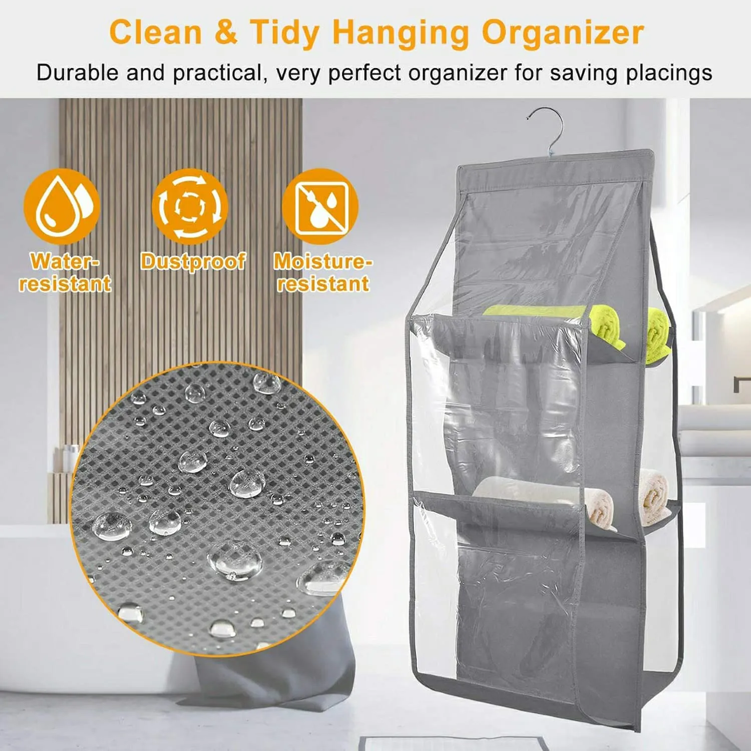 Heart Home Dust Proof Hanging Handbag Purse Clutch Organizer with 6 Large Compartments & Hanger, Pack of 2 (Grey)