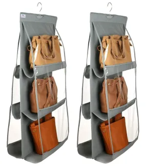 Heart Home Dust Proof Hanging Handbag Purse Clutch Organizer with 6 Large Compartments & Hanger, Pack of 2 (Grey)