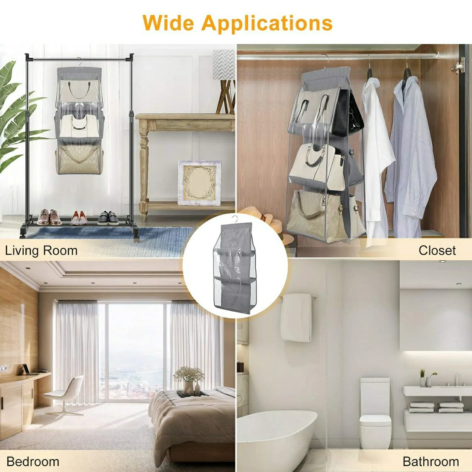 Heart Home Dust Proof Hanging Handbag Purse Clutch Organizer with 6 Large Compartments & Hanger, Pack of 2 (Grey)