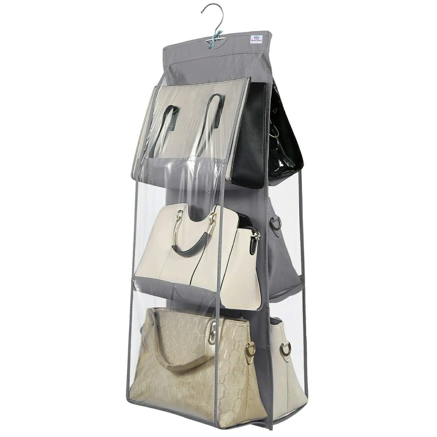 Heart Home Dust Proof Hanging Handbag Purse Clutch Organizer with 6 Large Compartments & Hanger, Pack of 2 (Grey)