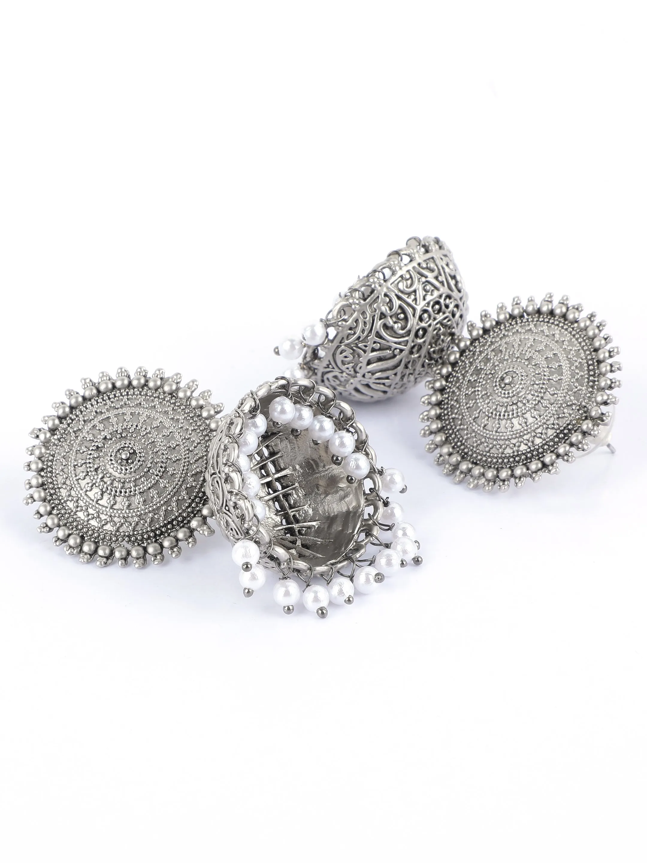 Ishin Oxidised Silver Plated Pearl Dome Shaped Jumka