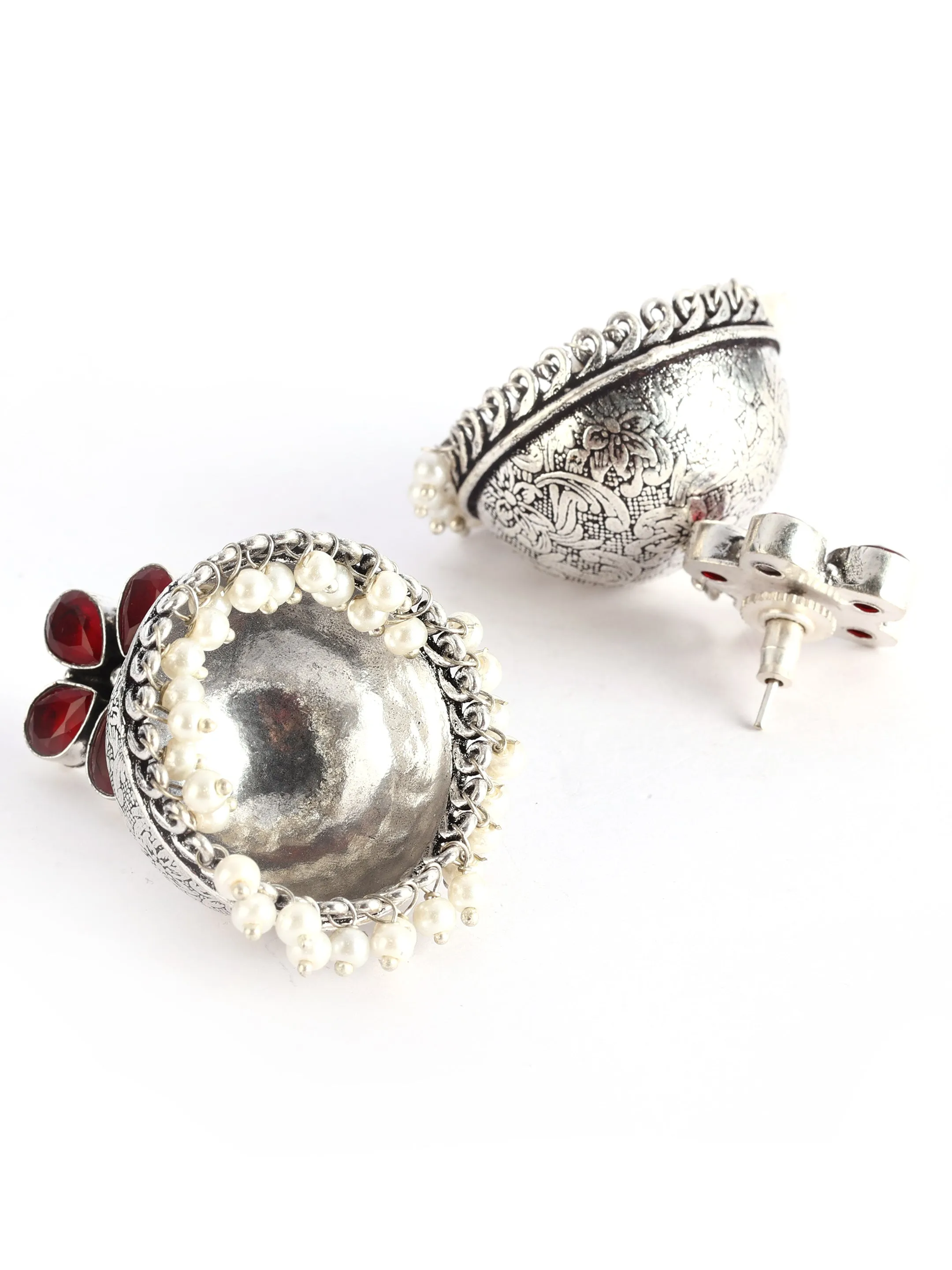Ishin Oxidised Silver Plated Pearl Dome Shaped Jumka