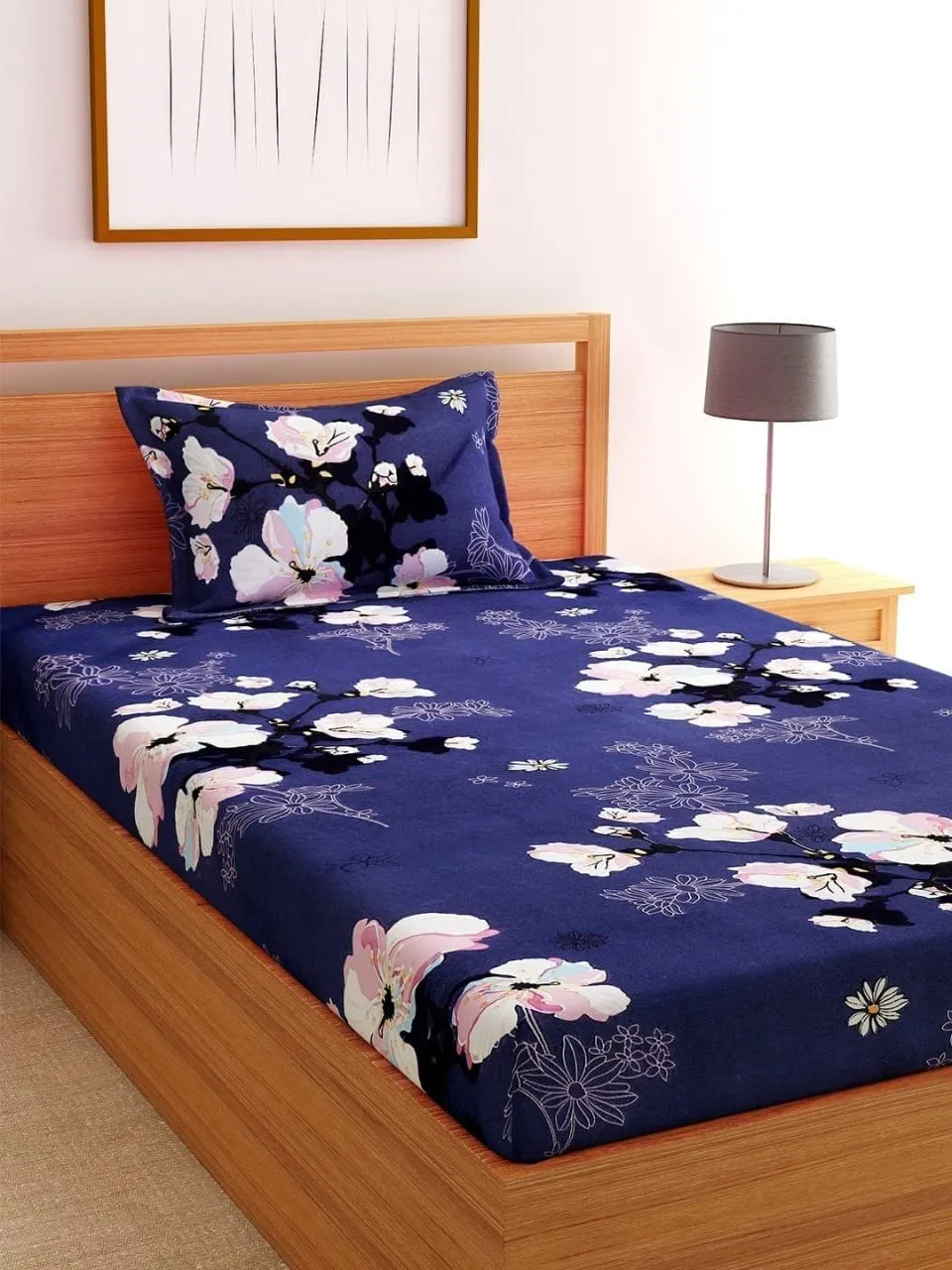 IVAZA Cotton Feel Glace Cotton Combo Pack of 2 Single Bedsheet with 2 Pillow Covers | 160 TC Soft Brushed Cotton-Blend - Long Lasting & Wrinkle Free - | 60x90 Inch or 4x6 feet (Blue and Cream)