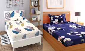 IVAZA Cotton Feel Glace Cotton Combo Pack of 2 Single Bedsheet with 2 Pillow Covers | 160 TC Soft Brushed Cotton-Blend - Long Lasting & Wrinkle Free - | 60x90 Inch or 4x6 feet (Blue and Cream)