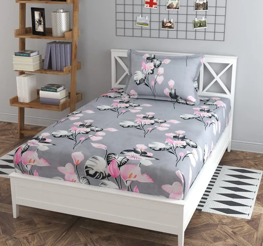 la' amour Premium Glace Cotton 180TC Flat Single Bedsheets for Summer Breathable | Wrinklefree (Size-90 X 60 Inch) with 1 Pillow Covers(Size-17 X 27 Inches, Flower Pink & Grey)