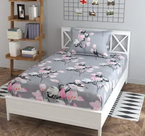la' amour Premium Glace Cotton 180TC Flat Single Bedsheets for Summer Breathable | Wrinklefree (Size-90 X 60 Inch) with 1 Pillow Covers(Size-17 X 27 Inches, Flower Pink & Grey)