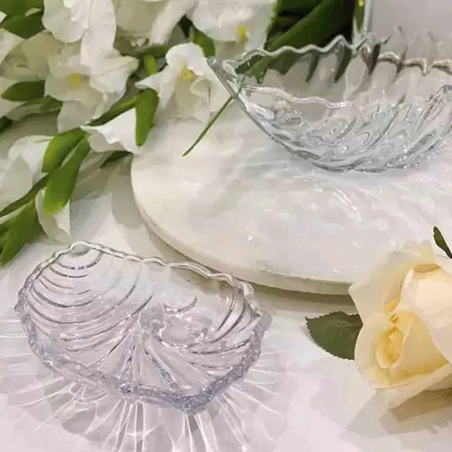 Leaf shaped Glass Serve tray of snacks, Mukhwaas, and ice cream.
