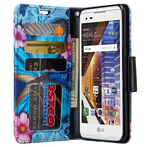 LG Tribute HD | X Style | Volt 3 Case, Wrist Strap Pu Leather Magnetic Flip Fold[Kickstand] Wallet Case with ID & Card Slots - Midnight Butterfly