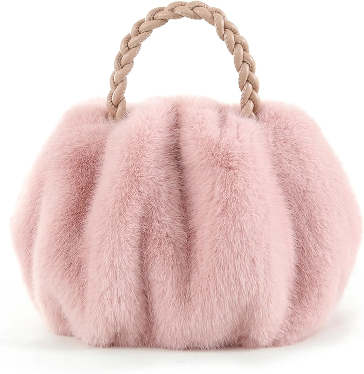 Luxuriously Soft Braided Handle Faux Fur Pink Handbag