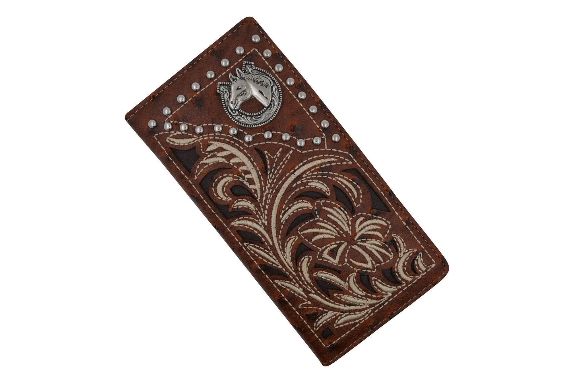Mens Western Floral Horse Logo Bifold Credit Card CheckBook Wallet Texas Style W052-15-OSTRICH-BR (C)