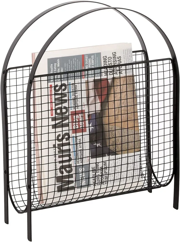 Mid-Century Magazine Rack, Matte Black Tone Metal Mesh Freestanding Magazine Organizer Holder Sling