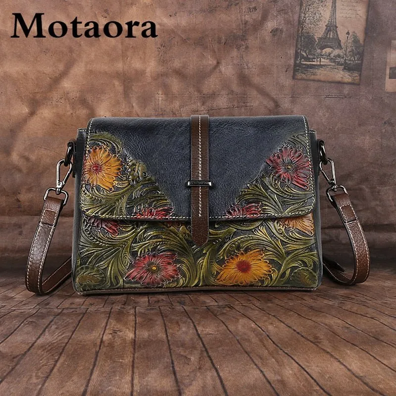 MOTAORA Embossed Vintage Leather Flap Messenger Style Shoulder Handbag