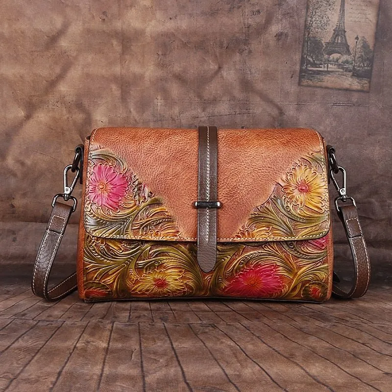 MOTAORA Embossed Vintage Leather Flap Messenger Style Shoulder Handbag