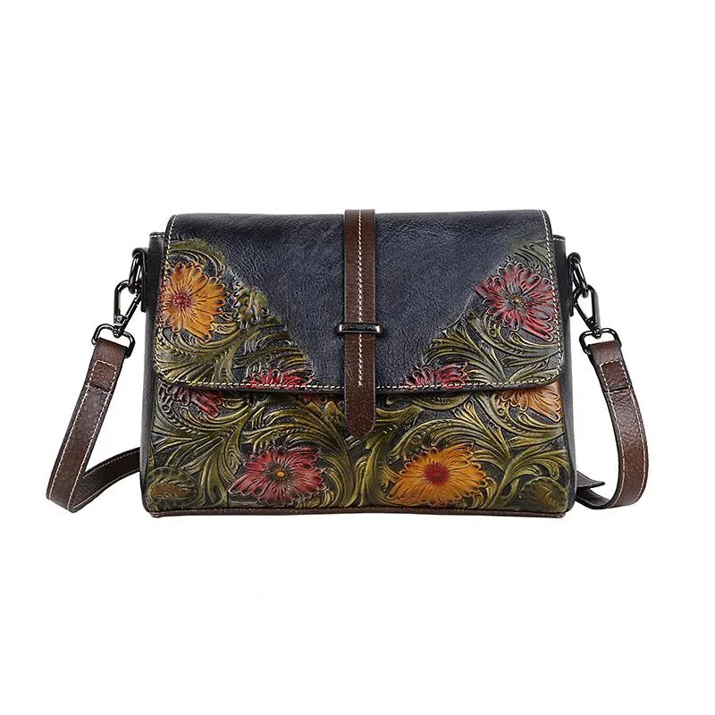 MOTAORA Embossed Vintage Leather Flap Messenger Style Shoulder Handbag