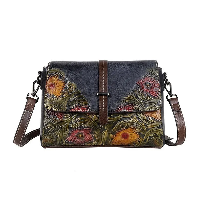 MOTAORA Embossed Vintage Leather Flap Messenger Style Shoulder Handbag