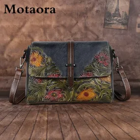 MOTAORA Embossed Vintage Leather Flap Messenger Style Shoulder Handbag