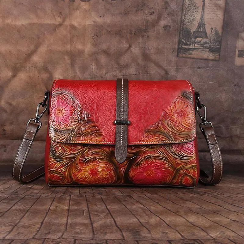 MOTAORA Embossed Vintage Leather Flap Messenger Style Shoulder Handbag
