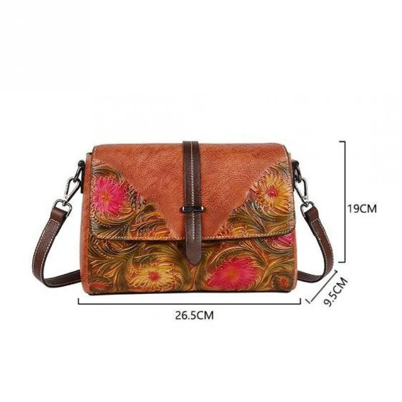 MOTAORA Embossed Vintage Leather Flap Messenger Style Shoulder Handbag