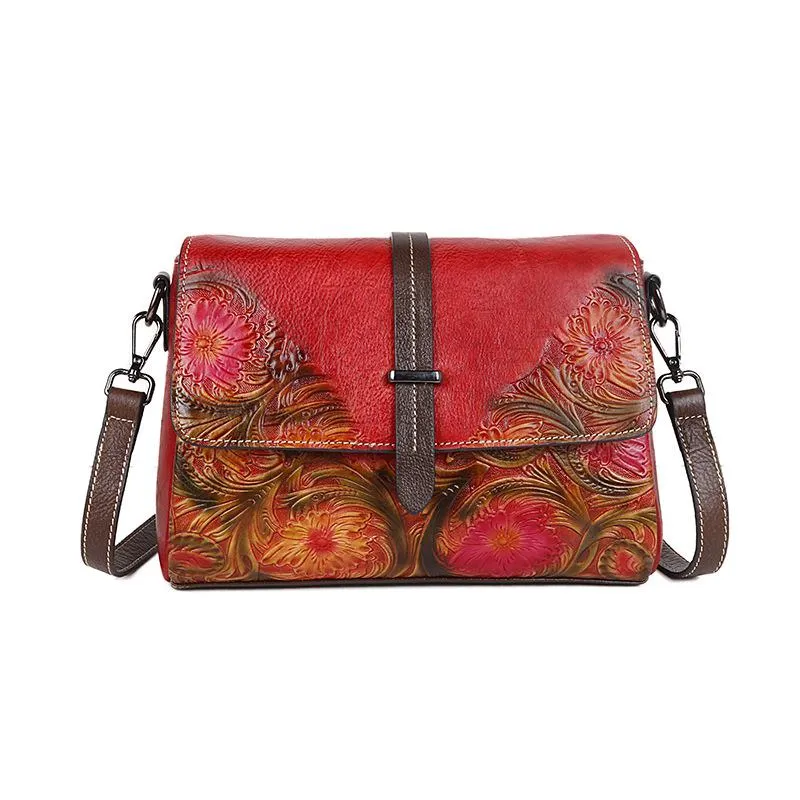 MOTAORA Embossed Vintage Leather Flap Messenger Style Shoulder Handbag