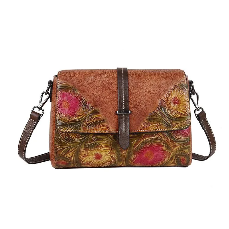 MOTAORA Embossed Vintage Leather Flap Messenger Style Shoulder Handbag